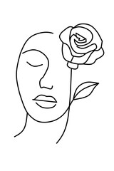 Minimalist line art of a woman's face in profile, with a blooming rose integrated into her hair or features. Represents beauty, art, and nature