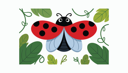 Cute Ladybug with Open Wings and Leaves Cartoon Vector Illustration.