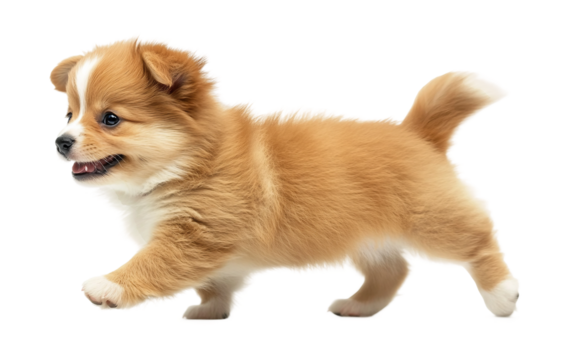 A tiny corgi puppy standing confidently with a fluffy coat and joyful smiling expression in bright light isolated on transparent background PNG