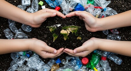 hands covering the plant from plastic trash, world environment day.