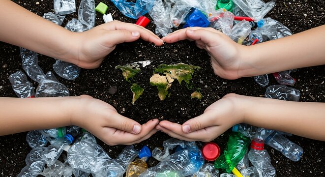 hands covering the plant from plastic trash, world environment day.