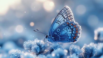 A delicate butterfly with intricate wing patterns perches on frost-covered branches under a soft, blurred background.