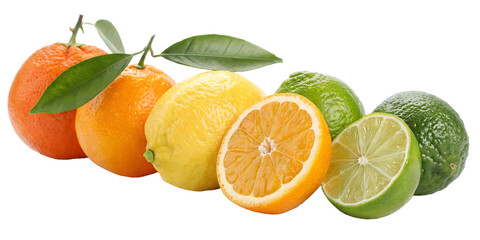 Fresh citrus fruits arrangement including oranges lemons limes isolated on black background