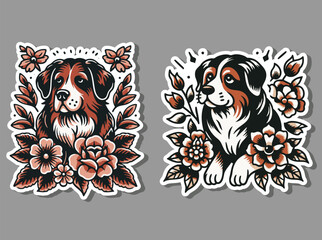 Vintage Dog and Floral Tattoo Illustration