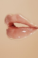 Glossy lips displayed against a soft beige background highlighting texture and shine
