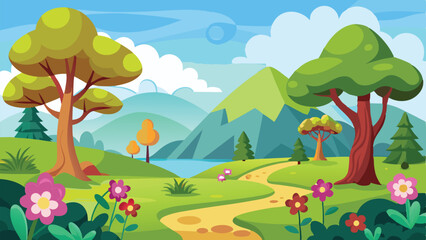 Fototapeta premium Cartoon Landscape with Trees, Flowers, Mountains, Blue Sky, and Winding Path Illustration