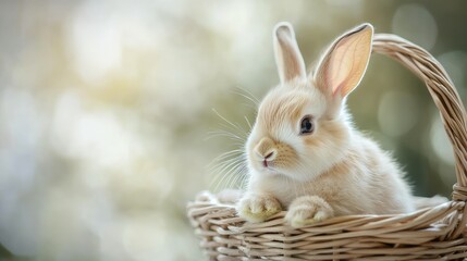 A small, light brown rabbit rests in a wicker basket.