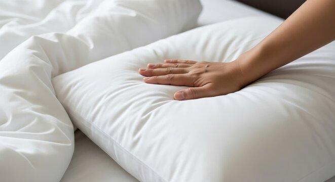 Hand pressing on soft white pillow on bed with white bedding