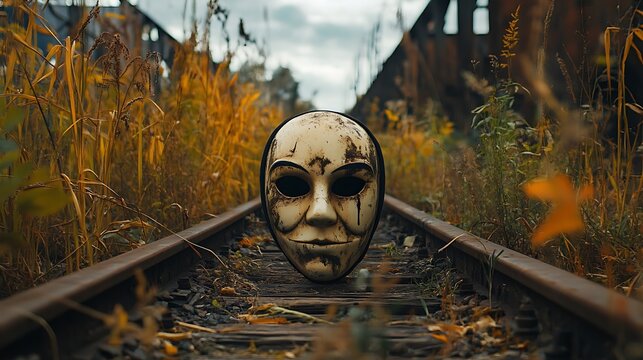 Mysterious mask abandoned on forgotten railway tracks, hinting at a dark secret