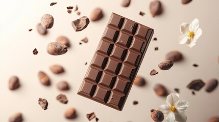 Fototapeta premium Dark chocolate bar surrounded by cocoa beans and flowers.