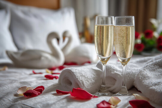 Hotel room with anniversary decorations, towel swans, champagne and rose petals on bed, romantic setting.