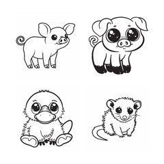 line art of cute animal bundle on the white background