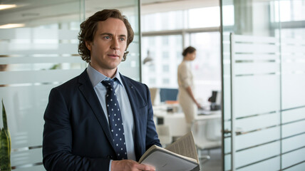 Fototapeta premium Man in suit holding a tablet in office space with glass walls and a woman in the background