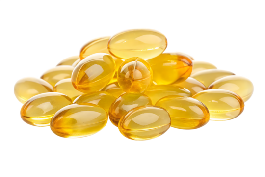 Heap of fish oil capsules promoting health supplements and nutritional benefits on black background