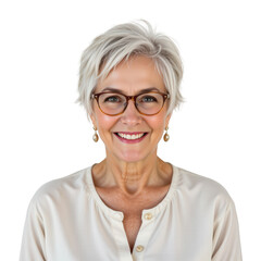 Confident Senior Woman Smiling with Short Blonde Hair and Glasses in Bright White Shirt Against a Plain Background