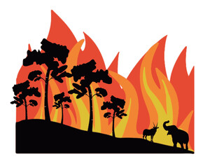 Vector hand drawn illustration with burning forest. Sketch with wildfire. Trees on fire