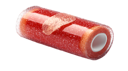 Medical concept depicting red rolls of tape bandaged with adhesive plaster on isolated on white transparent background for healthcare or injury themes