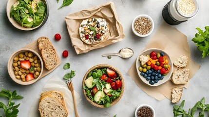 Top view of eco-friendly plant-based breakfast in compostable packaging