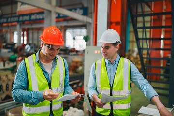 Industrial engineers inspect liquid storage drums in large-scale warehouse for export logistics, ensuring safety compliance, shipping standards, quality control of materials