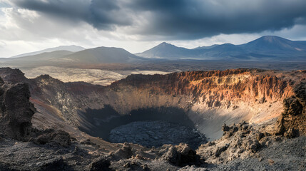 Dramatic landscape of volcanic crater under gloomy sky in mountainous region