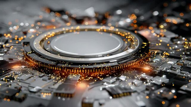 Close-up view of a cpu chip featuring a distinctive white circle on its surface area