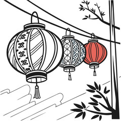 Red and gold Chinese celebration lanterns light up a park garden, an isolated vector illustration of Asian festival art