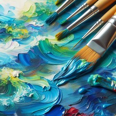 Obraz premium A close up of a freshly painted canvas with vibrant blue and gre