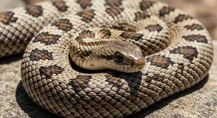 Fototapeta premium Coiled Snake Resting on Rock with Detailed Scale Pattern