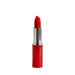 Fototapeta premium Vibrant Red Lipstick in Sleek Tube on White Background for Beauty and Makeup Themes