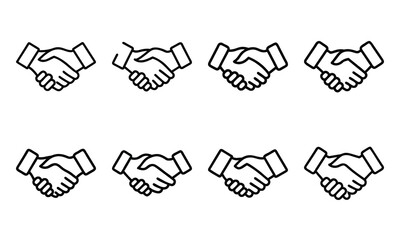Collection of Handshake Icons in Silhouette Style – Black Line Art Symbols Representing Agreement, Partnership, Trust, and Business Deal Isolated on White Background