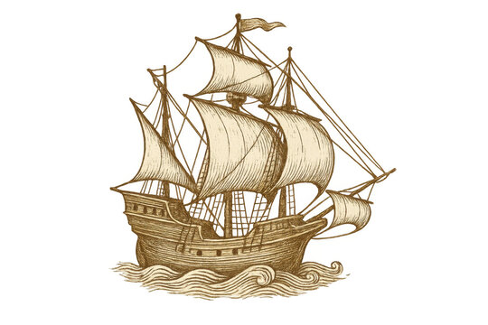 Vintage hand-drawn caravel sailing turbulent ocean waters, navigating maritime landscape with detailed nautical rendering against transparent background - Powered by Adobe