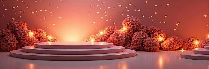 Podium Framed by Glowing Floral Heart Arrangements