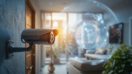 Home security system featuring surveillance camera and futuristic digital technology visuals - Powered by Adobe