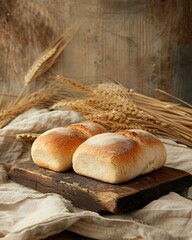 Two loaves of bread sit on a wooden cutting board next to a pile of wheat