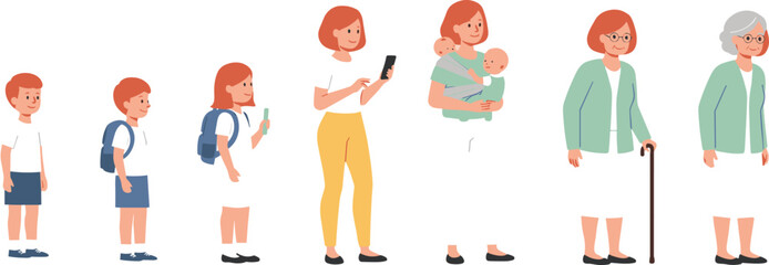Life stages illustration, childhood to elderly woman, growing up, aging process, female development, life journey, family stages, motherhood, senior woman, cartoon character,
