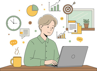 Illustration of a young man working on a laptop with business and productivity charts, clock, speech bubbles, documents, and coffee cup on desk in cozy office environment