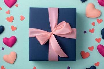 A neatly wrapped navy blue gift box with a pink ribbon is surrounded by scattered small and large heart shapes on a light blue background.