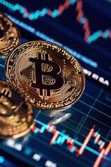 Close-up of a physical Bitcoin coin with a digital trading chart background, symbolizing cryptocurrency investment and market fluctuations.