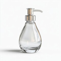A sleek, transparent glass soap dispenser with a metallic pump sits against a white background.