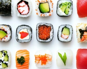 A colorful assortment of various sushi rolls and nigiri pieces arranged neatly on a white background.