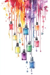 Watercolor illustration of nail polish bottles dripping rainbow colors from vibrant painted splashes on white background