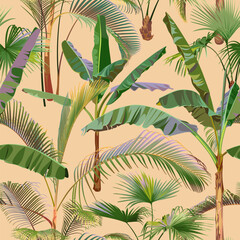 Seamless pattern with colorful palm tree branches isolated on a beige background. Desert and tropical houseplants. 
