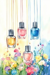 Watercolor illustration of nail polish bottles dripping vibrant colors over blooming wildflowers on a white background