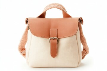A stylish beige and tan handbag with a textured fabric body, leather flap, and braided handle and shoulder straps.