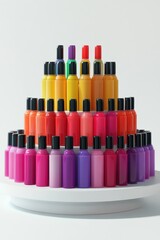 Colorful plastic cosmetic bottles arranged in a circular tiered display on a white rotating platform