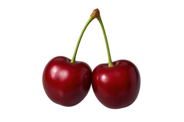 Ripe red cherries hanging with fresh green stems against clean transparent backdrop