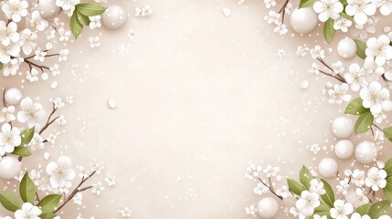 Elegant floral border with white blossoms, green leaves, and pearls on a soft beige background, creating a delicate and serene frame for text or design.