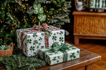 Two shamrock-themed gift boxes with festive ribbons sit on a wooden table adorned with greenery, against a cozy background with holiday lights.