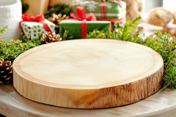 A wooden round slab surrounded by festive Christmas decorations and wrapped gifts, creating a cozy holiday atmosphere.