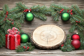 Festive Christmas decorations with green and red baubles, pine branches, and a wrapped gift on rustic wooden background with a wooden slice centerpiece.